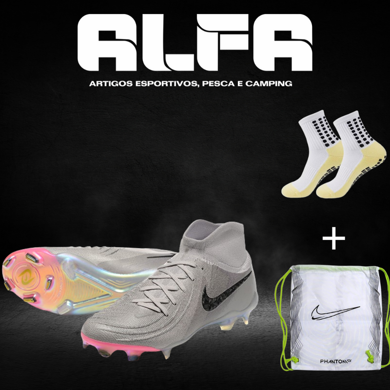 Chuteira Campo Nike Phantom Luna Elite FG Cinza + BRINDES EXCLUSIVOS